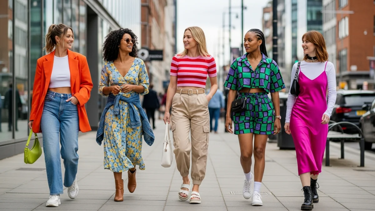 Five diverse women walk confidently on a city sidewalk