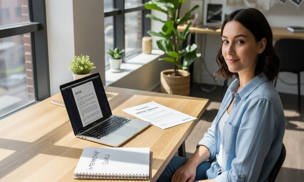 Woman at desk with laptop, resume, internship offer